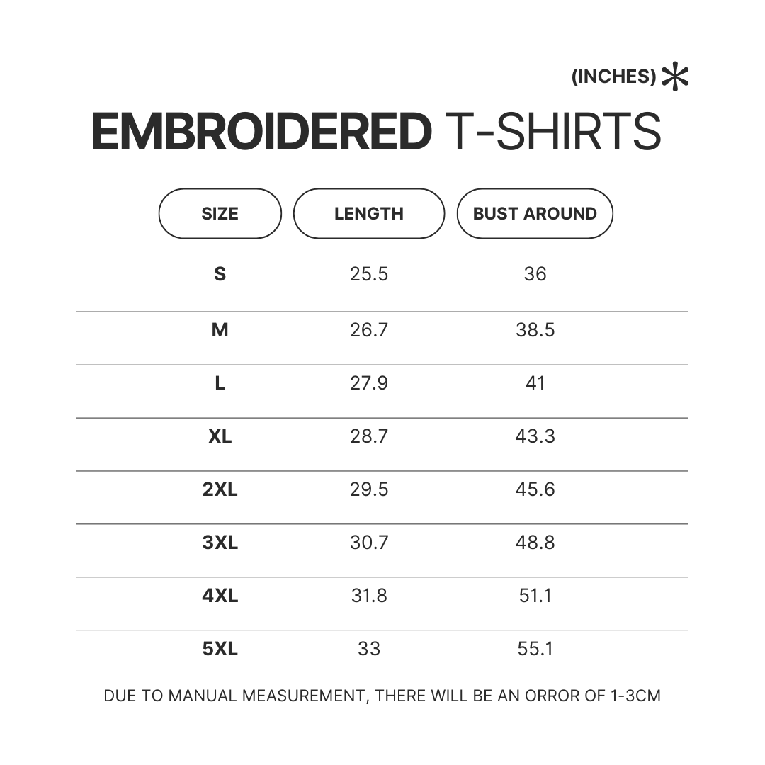 Embroidered T shirt Size Chart - Bubu Gifts